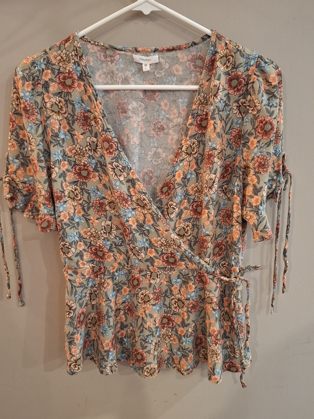 Maurices Floral Flowy Top in Dusty Blue with Peach Accents
